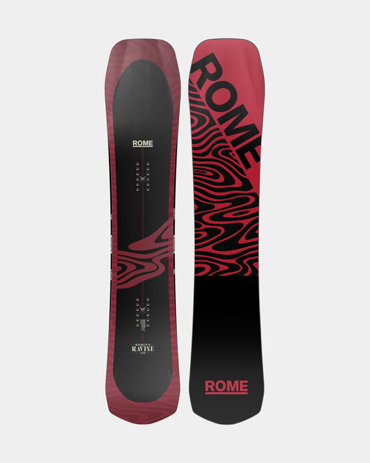 Women snowboards in red and black. Women's Ravine 2025 | Rome Snowboards™ 2025.