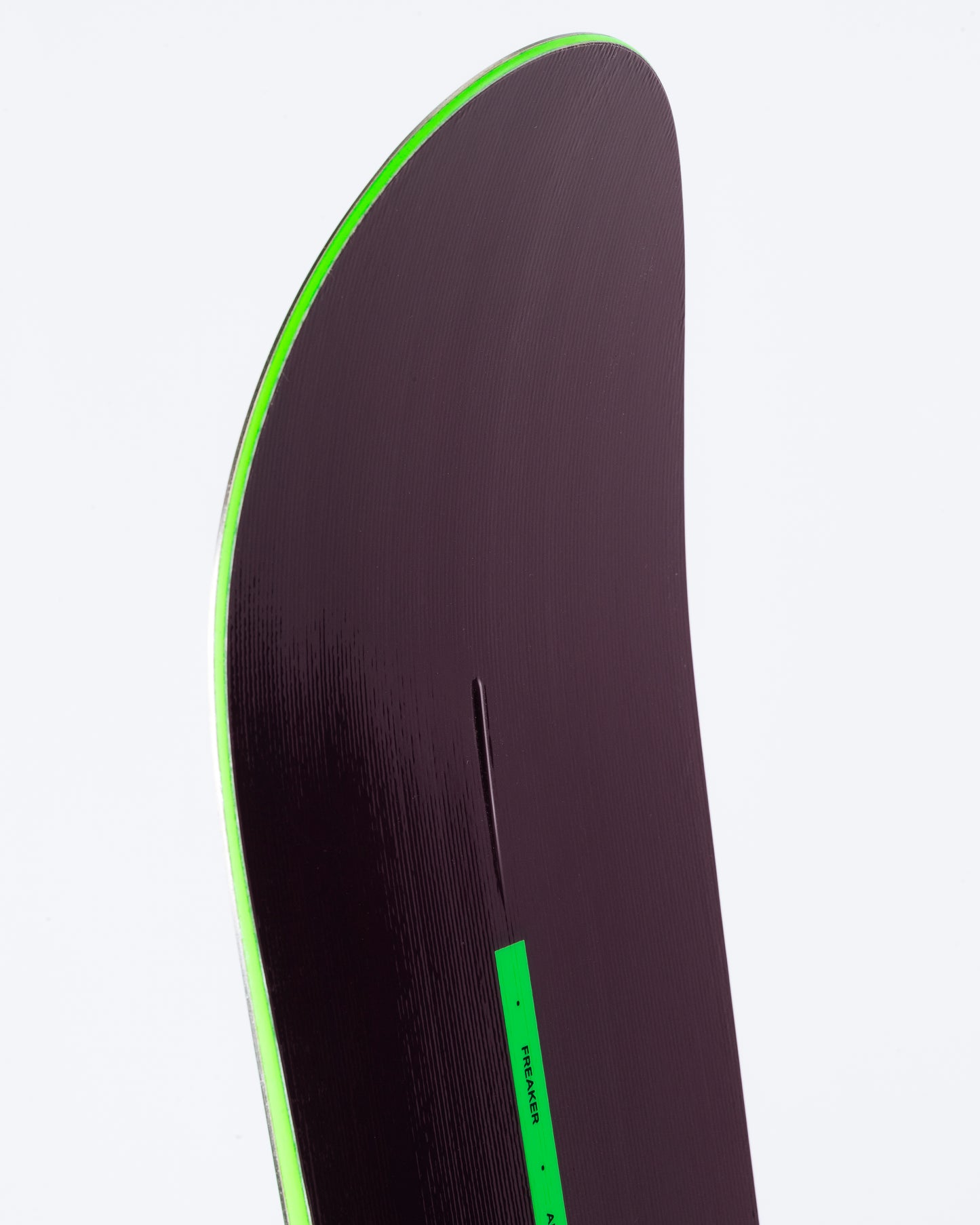 The nose of freeride snowboard with HotRod technology visible.
 Freaker 2025 | Rome Snowboards™ 2025.