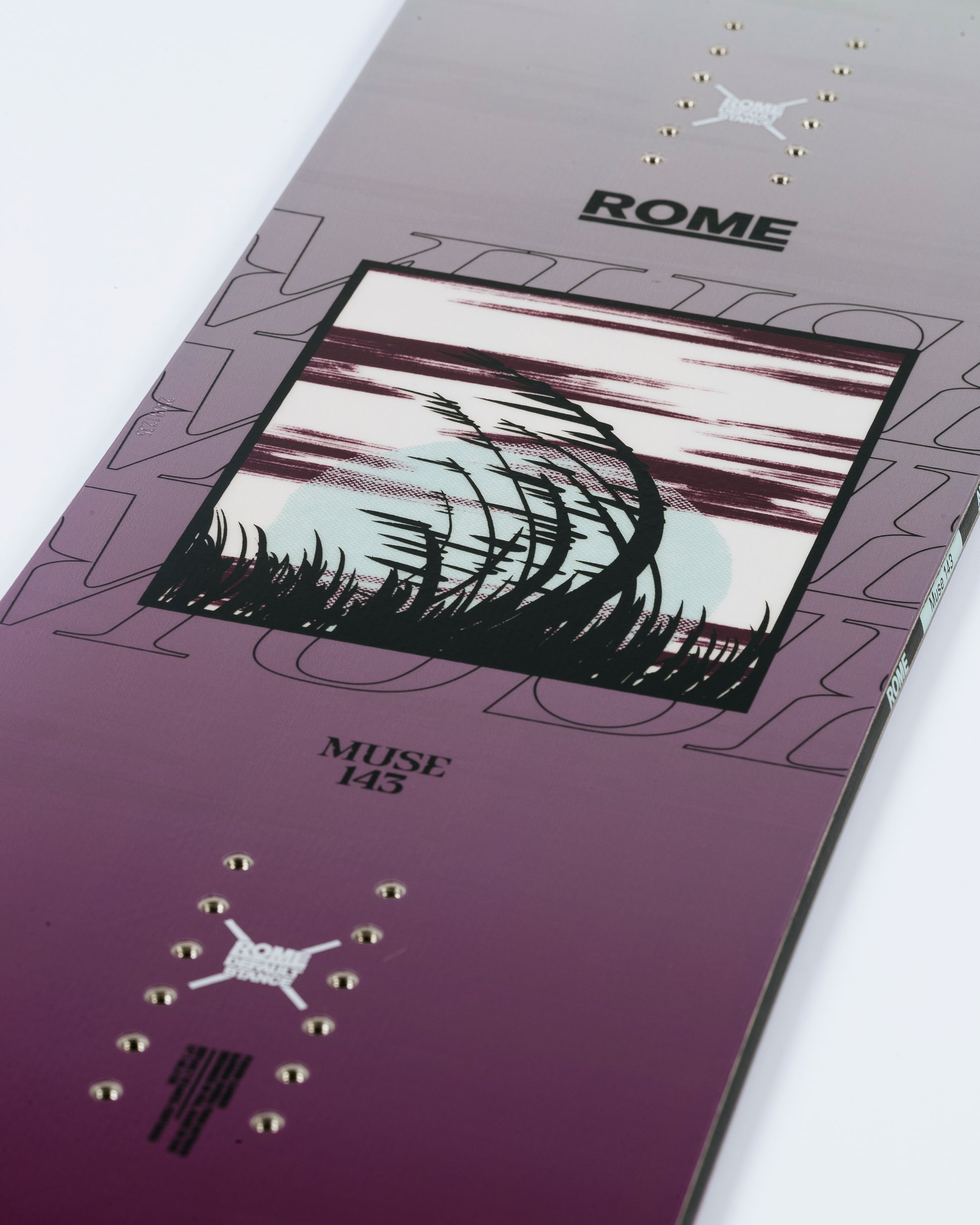 Cool snowboard graphics on new freeride womens snowboard. Muse 2025 | Rome Snowboards™