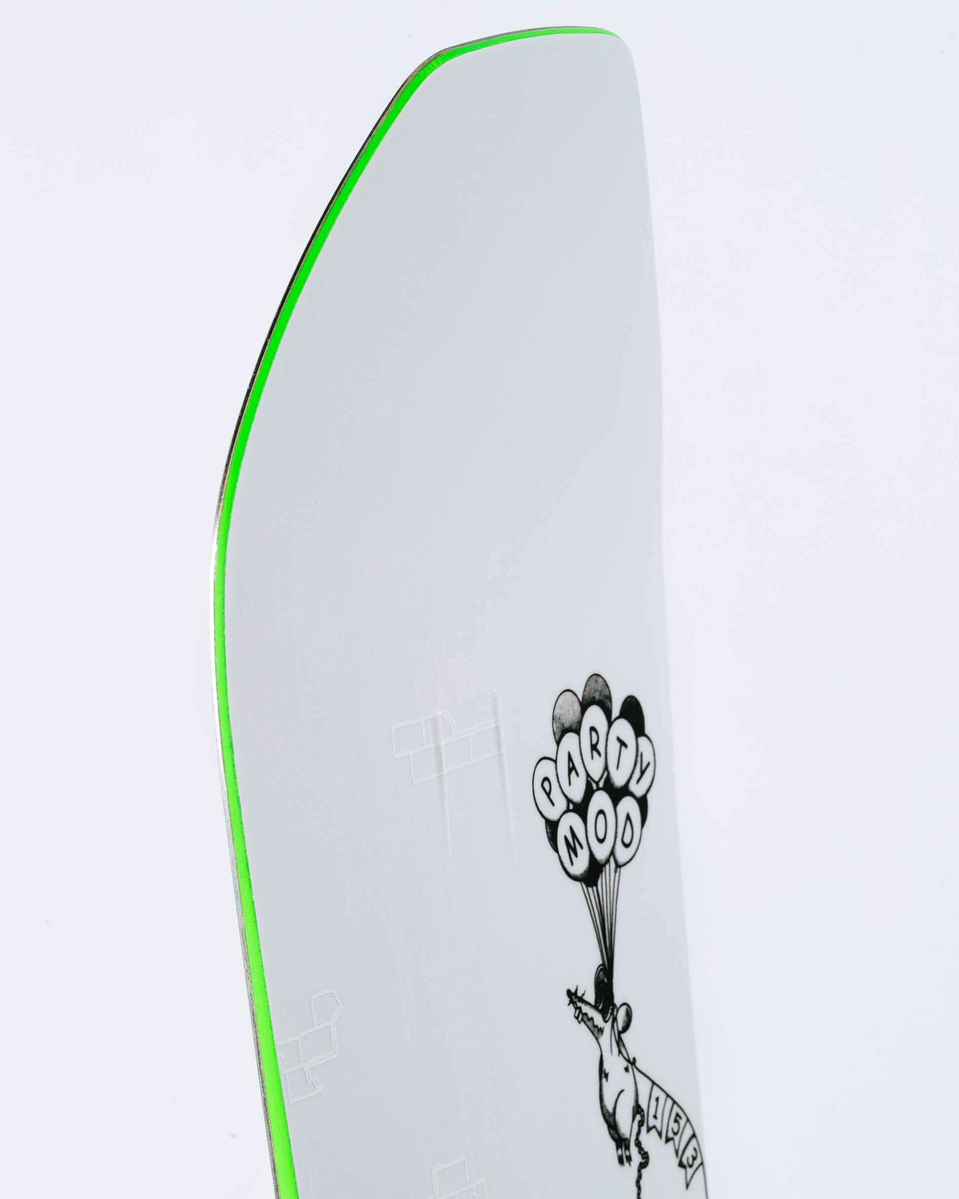 The nose of freestyle snowboard with HotRod technology visible. Party Mod 2025 | Rome Snowboards™ 2025.