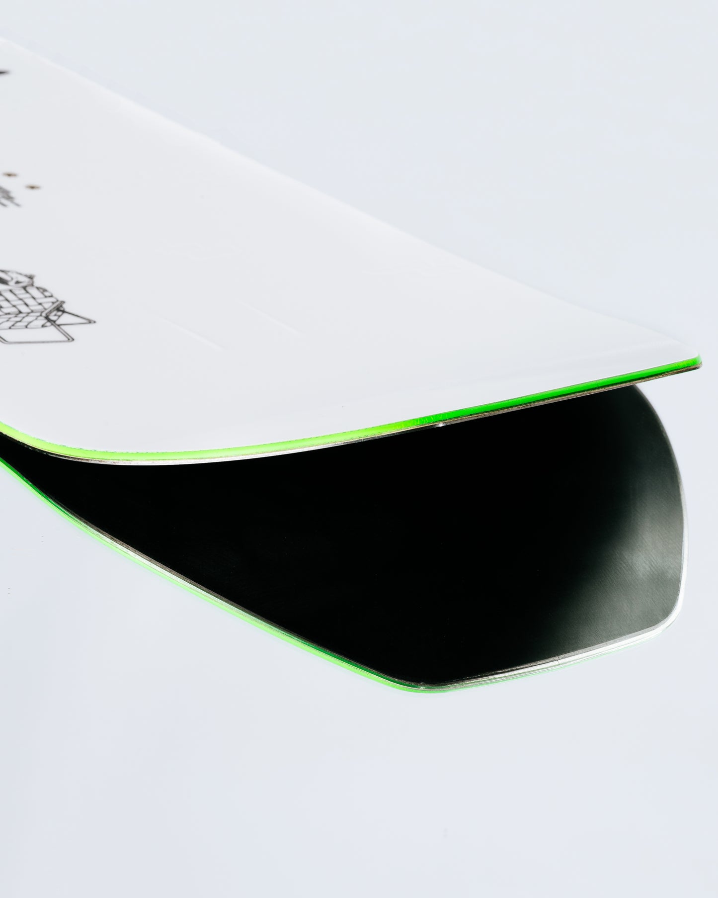 The tail and base of the freestyle snowboard with HotRods and SinterStrong base. Party Mod 2025 | Rome Snowboards™ 2025.