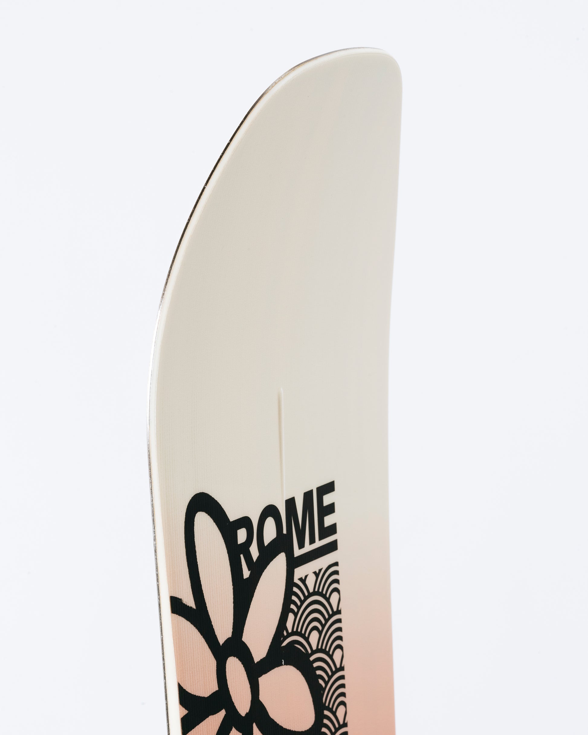 The nose of freeride womens snowboard with HotRod technology visible. Royal 2025 | Rome Snowboards™ 2025.