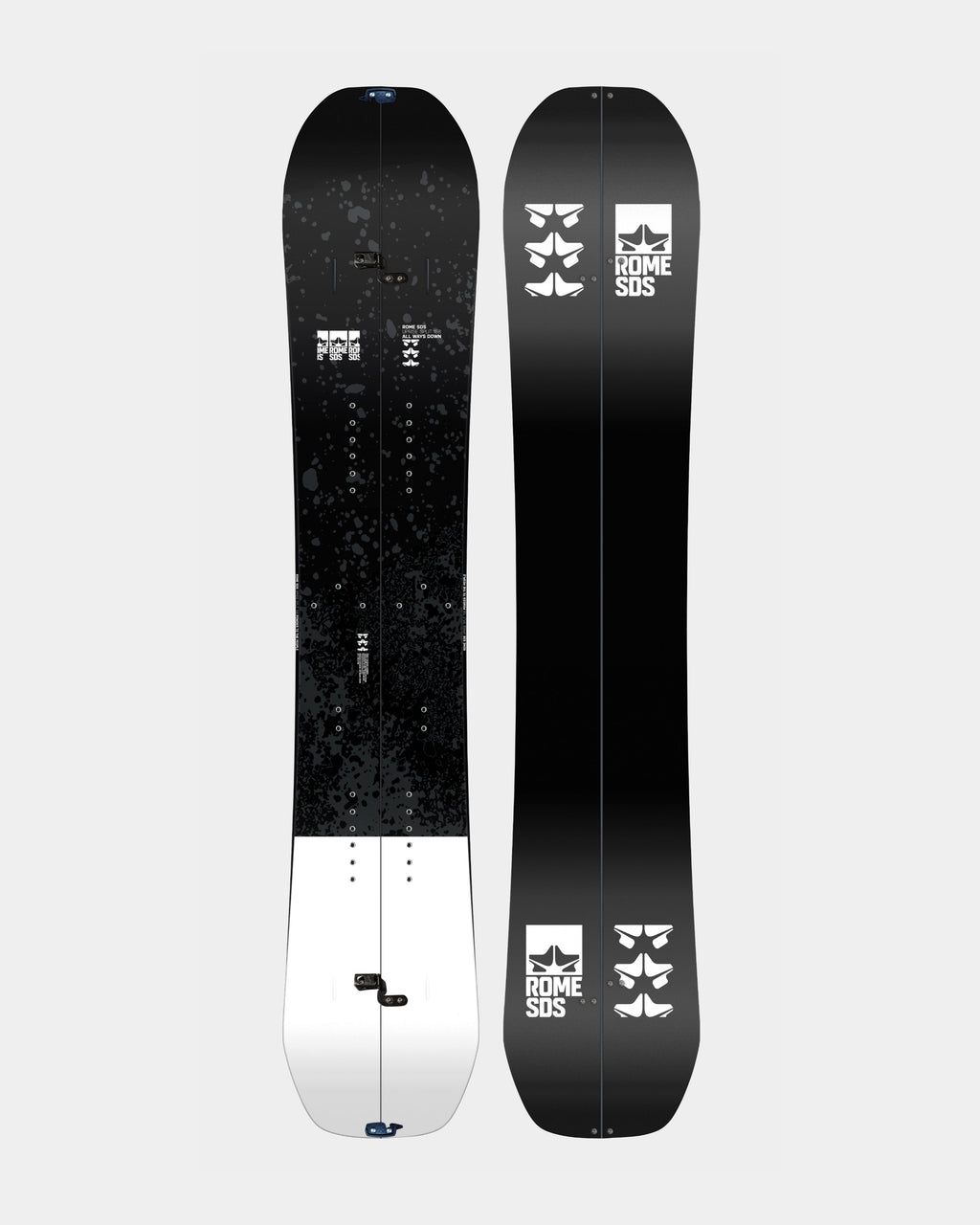 Men splitboard snowboards in black and white. Uprise Splitboard 2025 | Rome Snowboards™ 2025.