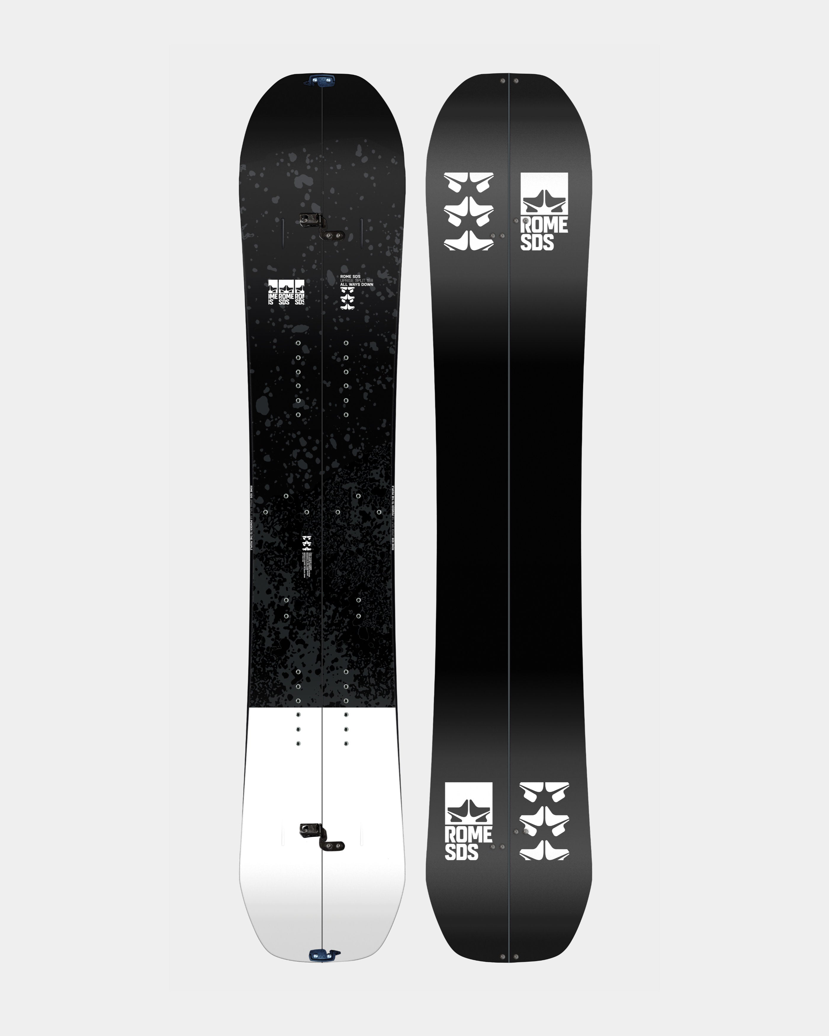 Men splitboard snowboards in black and white. Uprise Splitboard 2025 | Rome Snowboards™ 2025.